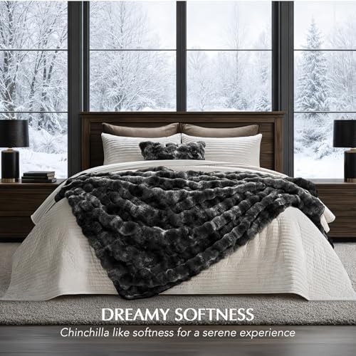 EverGrace Faux Rabbit Fur Bubble Throw Blanket, 50"x60", Marble Black - Image 6