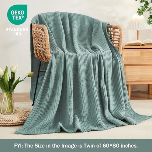 EMME Cotton Muslin Blanket King Size - Soft, Breathable Layering Bedspread Blanket, 108"x90", All Season Gauze, Teal - Image 4