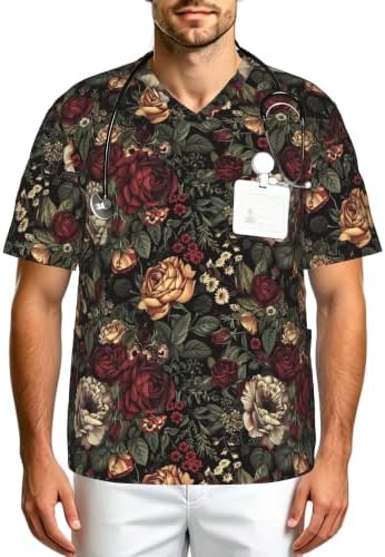 Men's Scrub Top,V-Neck Spill Wrinkle Resistant,3 Pockets-Floral Vintage (14) by Unknown