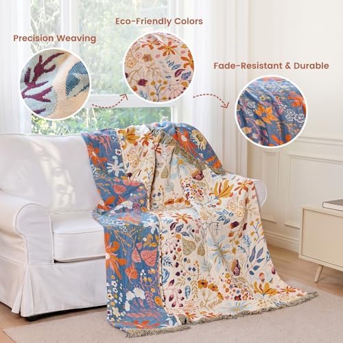 MSGKV Boho Throw Blanket 50"x60" 100% Cotton Floral Blanket Couch Decor - Image 3