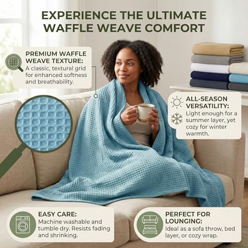 Tex Trend 100% Cotton Waffle Weave Blanket Queen Size - Soft, Breathable Cooling Blanket for Bed, Lightweight Cozy Summer & Spring Bedding, Blue, 90x90 - Image 6