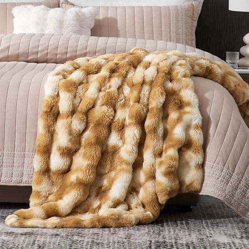 Amélie Home Faux Fur Throw Blanket for Couch, Ultra Soft Fuzzy Plush Bubble Throw for Sofa, Living Room & Home Decor, 50"x60", Tie-dye Khaki - Image 5