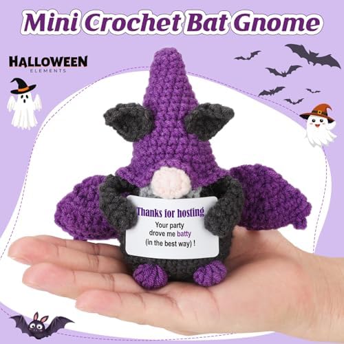 Hostess Gifts for Women, Handmade Crochet Purple Bat-Shaped Gnome Holding Appreciation Note, Halloween Party Hostess Gifts Idea, Cool Host Presents for Couples Men - Image 2