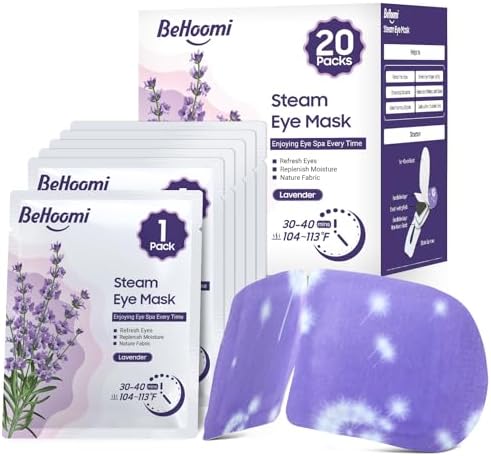 BeHoomi 20 Packs Steam Eye Mask, Heated Eye Mask Warm Compress for Eyes, Disposable Self Heating Steam Mask for Home, Sleep, Spa, Travel Essentials & Relaxation Gifts for Women (Lavender) by BeHoomi