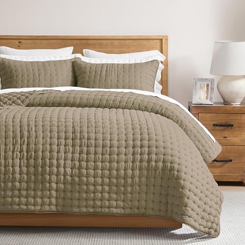 WDCOZY Queen Size Quilts Bedding Sets with 2 Pillow Shams, Lightweight Soft Bedspread Coverlet, Quilted Blanket Thin Comforter Bed Cover for All Season, 3 Pieces, 90x90 inches, Taupe by WDCOZY