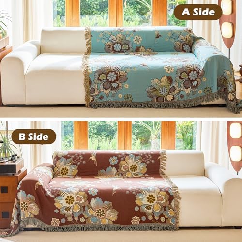VANJOROY Boho Throw Blanket 60" x 80", 100% Organic Cotton Breathable Skin-Friendly Ultra Soft Bed Quilt Blue Throw - Floral Rustic Decor Luxury Reversible Blanket for Sofa Couch Chair and Gift, - Image 3