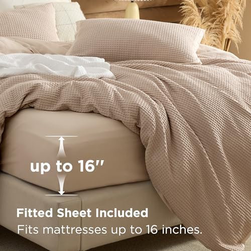 Bedsure PureWoven Cotton Waffle Duvet Cover Set with Fitted Sheet, King - Image 2
