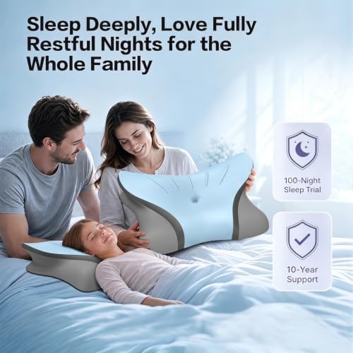 Pain Relief Cervical Neck Pillow, Ergonomic Contour | Q-Max Cooling | Non-Temperature Memory Foam | Side/Back/Stomach Sleeper Support for Sleeping, Reading, Scrolling (Blue & Dark Grey) - Image 7