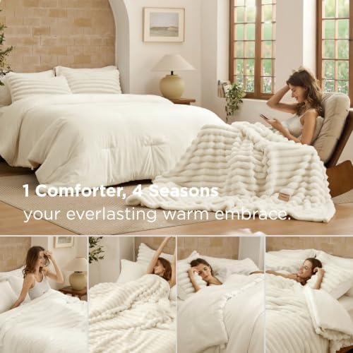 Bedsure Gentlesoft 2-in-1 King Size Comforter Set and Detachable Fluffy Blanket, Cream White Bedding Set For All Season Use, Detachable Design for Space Saving (Includes 2 Pillow Shams, 2 Pillowcases) - Image 2