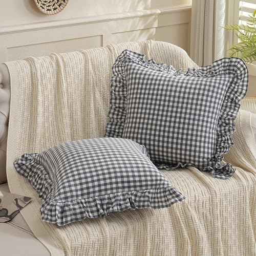 2 Pack Grey/White Plaid Ruffled Throw Pillow Sham 20 x20 inches - Image 2