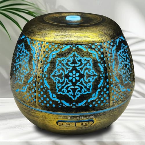 500ml Metal Essential Oil Diffuser, Antique Gold Aromatherapy Diffuser, Moroccan Hollow Out Design, 7 Color LED, Timer, Auto Shut-Off, Vintage Iron Cool Mist Humidifier for Large Room, Home Decor Gift by Elcxsla