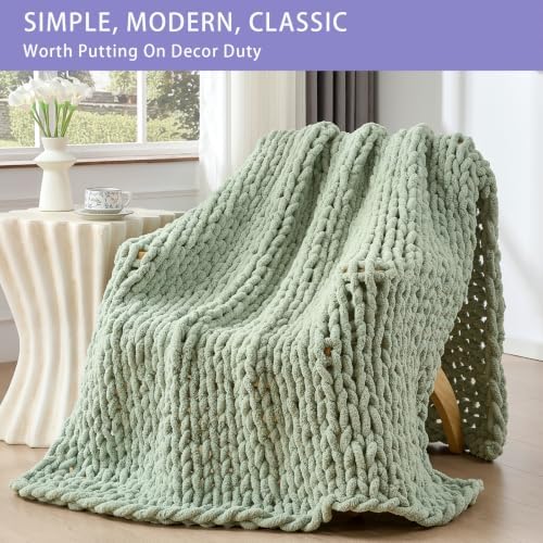 Bigacogo Chunky Knit Throw Blanket for Couch, 51x63 inches, Sage Green - Image 3