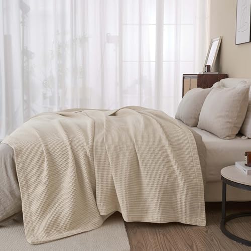 100% Cotton Green Blanket Full/Queen Size for Bed - Breathable and Soft, Waffle Weave for Summer Spring, 90x90 Inches (Oatmeal) - Image 5
