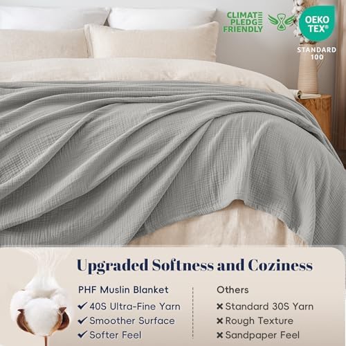 PHF 100% Cotton Muslin Blanket King Size 108"x90", 4-Layer Lightweight Gauze Throw, Breathable Cloud-Soft Minimalist Blanket for Bed, Couch, Camping & Baby, Light Grey, Ideal Gift - Image 4