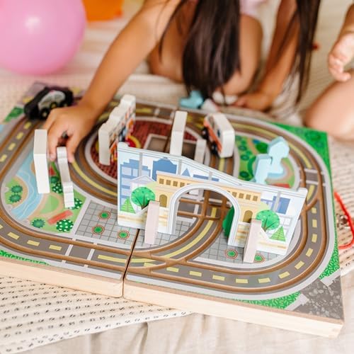 Melissa & Doug 18-Piece Wooden Take-Along Tabletop Town, 4 Rescue Vehicles, Play Pieces, Bridge - Image 2