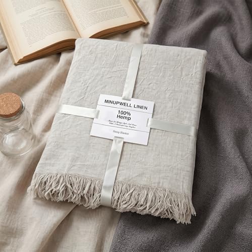 MINUPWELL 100% Pure Hemp Blanket Queen/King Size - 79"×87" Extra Large Linen Color Blanlet – Natural Hemp Fabric by MINUPWELLHome