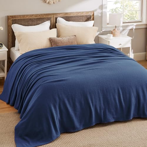 Bedsure 100% Cotton Blanket, Herringbone Weave, Oversized King, Navy Blue - Image 5