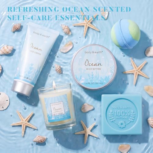 Gifts for Women, Bath and Body Womens Gift Sets with 5 Pcs Ocean Scented Spa Gifts for Women Bath Gift with Scented Candle Body Butter Hand Cream Bath Bomb Mothers Day Gifts - Image 5