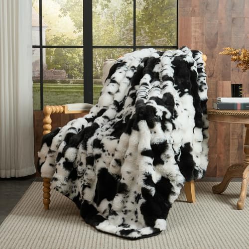 Lotus Karen Faux Fur Throw Blanket Cow Print-Black, Fluffy Fuzzy Plush Bubble Blanket for Couch, 108x90 Inches Cozy Shaggy Rabbit Blanket, Luxury Decorative Gifts for Sofa Bedroom Living Room. by LotusKaren