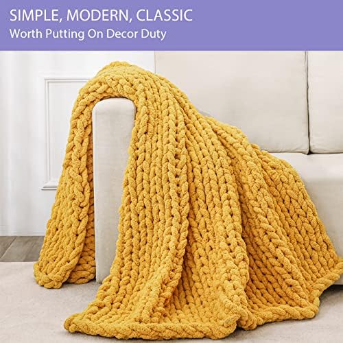 Bigacogo Chunky Knit Throw Blanket for Couch, 40x60 inches, Mustard Yellow - Image 3