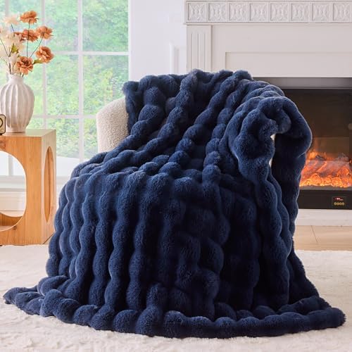 BENVWE Fluffy Faux Fur Throw Blanket for Couch, Soft Plush Thick Cozy Fuzzy Luxury Minky Bubble Blanket for Home Living Room Decor Gift for Women, Navy Blue, 51" x 63", 1100GSM by BENVWE