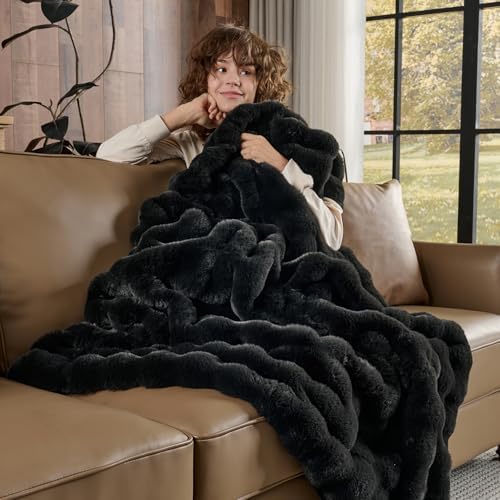 Lotus Karen Faux Fur Blanket - Black Twin Size, Big Bubble Rabbit Fluff, 60x80 Inches - Image 3