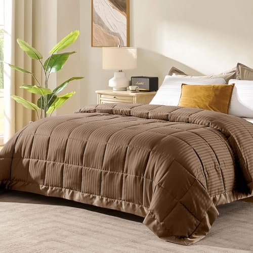 downluxe Queen Size Blanket with Satin Trim, Lightweight Down Alternative Blankets Queen Size for All Season, Machine Washable (Brown, 90x90 Inch) by Downluxe