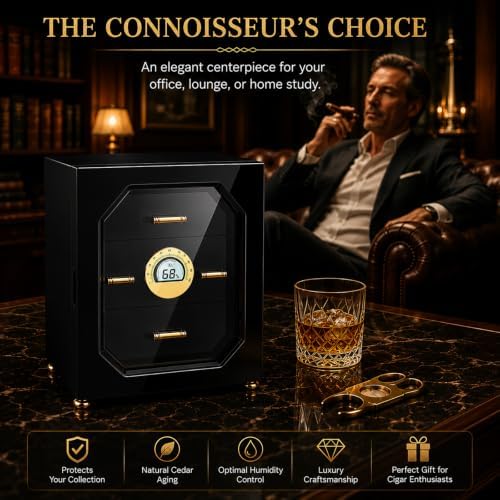 Woodronic Cigar Humidor Cabinet for 100 Counts with Digital Hygrometer, Crystal Gel Humidifiers, Spanish Cedar Lined Trays & Dividers, Polished Piano Black, Desktop Cigar Box Gift for Men - Image 6