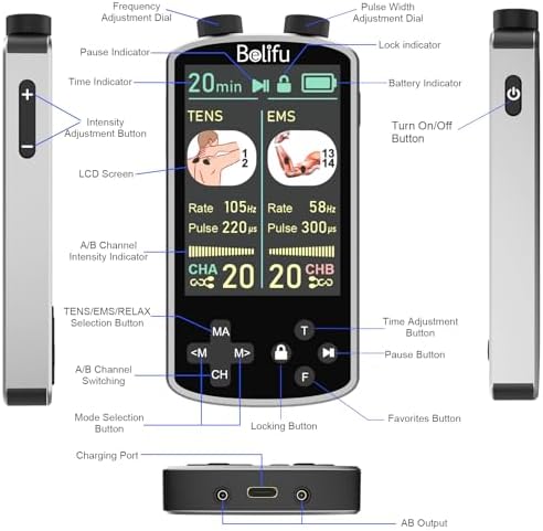 TENS EMS Unit Muscle Stimulator for Pain Relief Therapy - 4 in 1 TENS EMS Relax Custom Frequency+Pulse - Muscle Massager 36 Modes 20 Intensity, Memory & Favorites Function, 3.8" Color Display - Gray - Image 6
