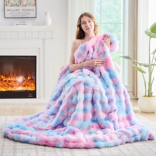 Lotus Karen Faux Fur Throw Blanket Tie-Dye Purple Rainbow - Big Bubble Rabbit Fluff Blanket for Couch, Large Fluffy Fuzzy Cozy Blanket,Thick Furry Plush Shaggy Blankets,108x90 Inches by LotusKaren