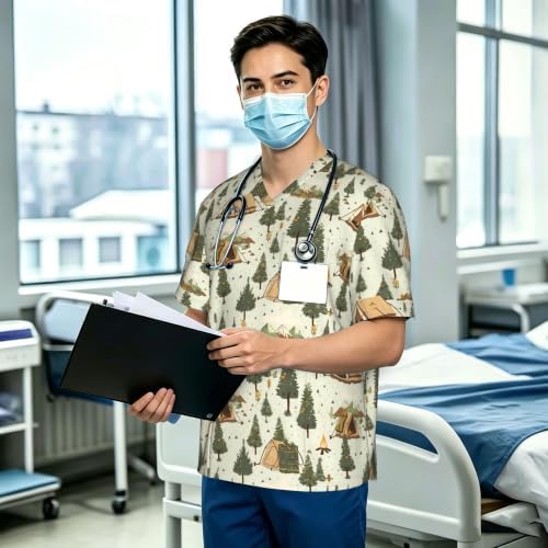 Men's Scrub Top,V-Neck Spill Wrinkle Resistant,3 Pockets-Camping (9) - Image 3