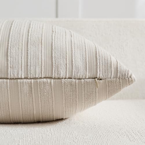 DEZENE 24x24 Beige Throw Pillow Covers Pack of 2 Soft Striped Corduroy Square Neutral Pillow Cases for Couch Sofa Bedroom Living Room Home Decor - Image 2