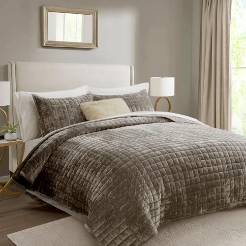 RECYCO Channel Box Stitch Velvet Quilt Set, Twin/Twin XL Size, Dune Brown - Image 2