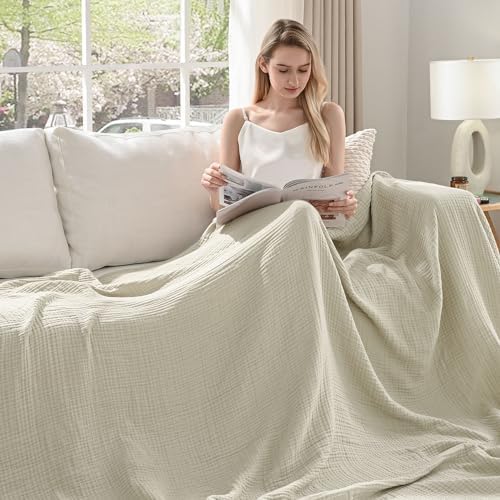 Esterra Muslin Throw Blanket 50x65 Inches Cozy Soft Lightweight Pre-Washed Cotton Blanket, All Season Breathable 4-Layer Gauze Blanket Throw for Sofa Couch Bed, Oatmeal - Image 3