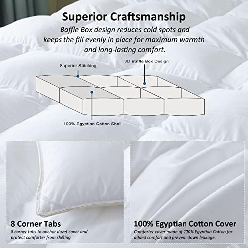 Luxurious All-Season Goose Down Feather Fiber Comforter Queen Size Duvet Insert, Premium White Solid Plain Design, Premium Baffle Box, 100% Egyptian Cotton, 70 oz Fill Weight - Image 4