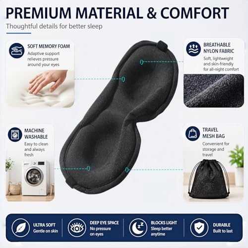 Ultra-Thin 3D Sleep Mask for Side Sleepers Women Men, Contoured Eye Mask for Lash Extensions, Light Blocking, Soft Breathable Lightweight Eye Mask for Sleep, Travel, Meditation,Airplane (Black) - Image 5