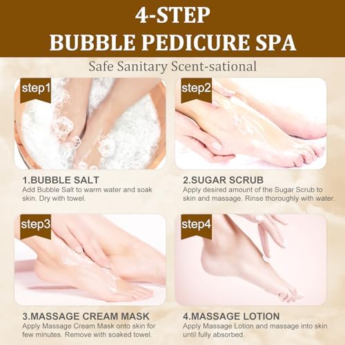 Pedicure Kit Foot Soak Set: Bubble Salt, Sugar Scrub, Massage Mask, Massage Lotion in a Box, 4 Step Foot Spa Kit for Dry Feet,Tired Feet (1 Set Golden Petals) - Image 5