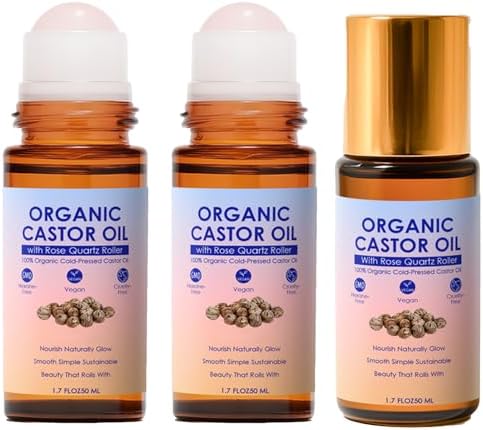 Organic Golden Castor Oil Roll-On with Rose Quartz Roller, Cold-Pressed Pure Organic Castor Oil Roller Ball for Hair Growth, Eyelashes, Eyebrows & Skin, 1.7 fl oz (3) by Unknown