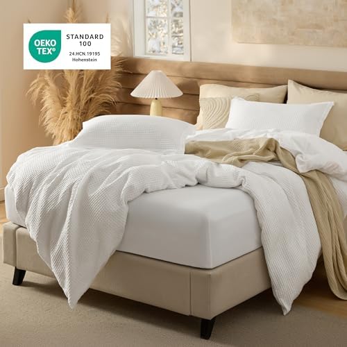 Bedsure PureWoven Cotton Waffle Duvet Cover Set with Fitted Sheet, Queen - Image 3