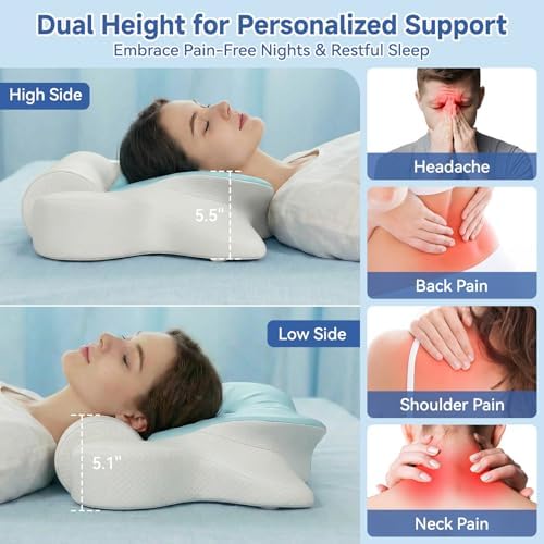 Cervical Neck Pillow for Pain Relief & Sleeping, Ergonomic Posture Pillow Neck Support, Cooling Memory Foam Pillow with Roll Pillow, Orthopedic Contour Pillow for Side Back Stomach Sleepers, Blue - Image 6