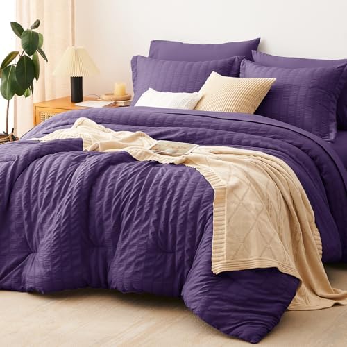 CozyLux Full Size Comforter Sets, 7 Pieces Purple Seersucker Bed in a Bag by CozyLux