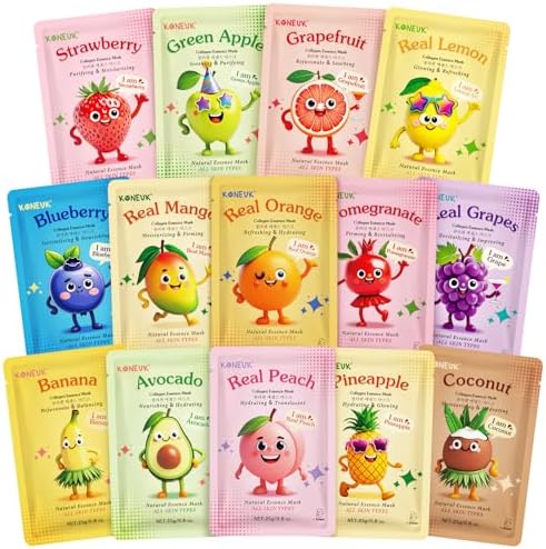 14 Pack Fruit Face Masks Skincare for Kids, Sheet Hydrating Facial Mask by KONEUK