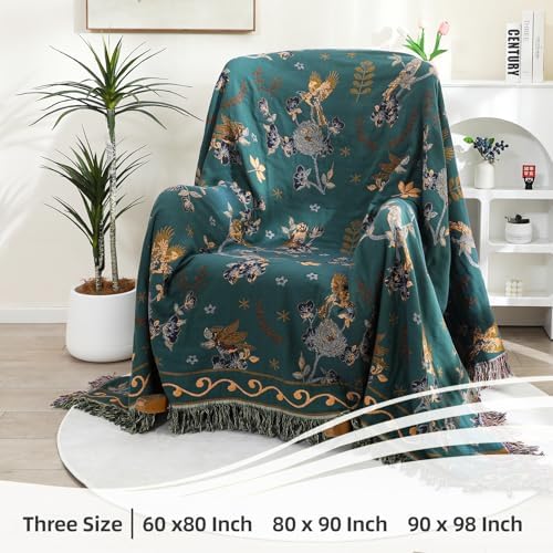 VANJOROY Boho 100% Cotton Large Throw Blanket - All Season Rustic Ultra Soft Breathable Floral Bird King Blanket for Bed Sofa Couch Chair Bedspread Quilt Gift, 91" x 98"-Teal/Beige - Image 6
