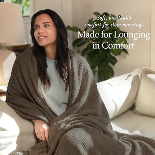 Threadmill Luxury 100% Cotton King Herringbone Blanket, Espresso - Image 3