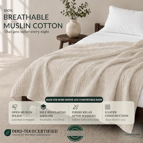 CLOUDSCAPE 8 Layer Muslin Blanket Queen Size, Gauze, Cotton 92"x92" - Ivory - Image 2