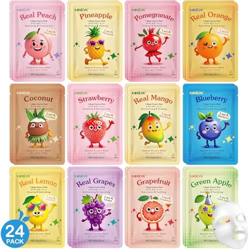 KONEUK 24 Pack Fruit Kids Face Mask, Collagen Hydrating Face Masks Skincare by KONEUK