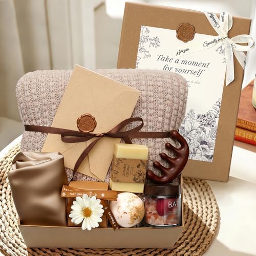 Self Care Gifts Baskets for Women, Spa Care Package for Women, Birthday Gift Get Well Soon Gifts Thinking of You Gift Baskets Summer Home Spa Set with Bonnet & Massgae Comb for Mom Friends, Brown by YEERSWAG