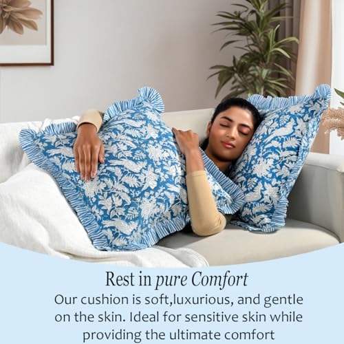 CPC Block Print Ruffle Throw Cover Blue Sapphire 20"x20" Inch Pack of 2-100% Cotton Ruffle Couch Decorative Boho Pillows Case for Living Room, Bedroom, Sofa, Farmhouse Gift for Spring, Mother's Day - Image 5