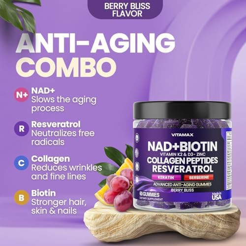 NAD+, Resveratrol, Berberine, & Biotin Anti-Aging Gummy - Hair, Skin, Nails & Joint Supplement - Collagen Peptides, Keratin, Zinc, Vitamin K2 & D3 Gummies -Regeneration- Non-GMO - Made in USA 60 Count - Image 4