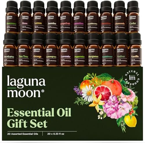 Lagunamoon Essential Oils Set, Top 20 Gift Set Oils for Diffusers, Humidifiers, Aromatherapy, Candle Making Scents, Cars & Home Products, Peppermint, Tea Tree, Lavender, Eucalyptus, Lemongrass (10mL) by LagunaMoon